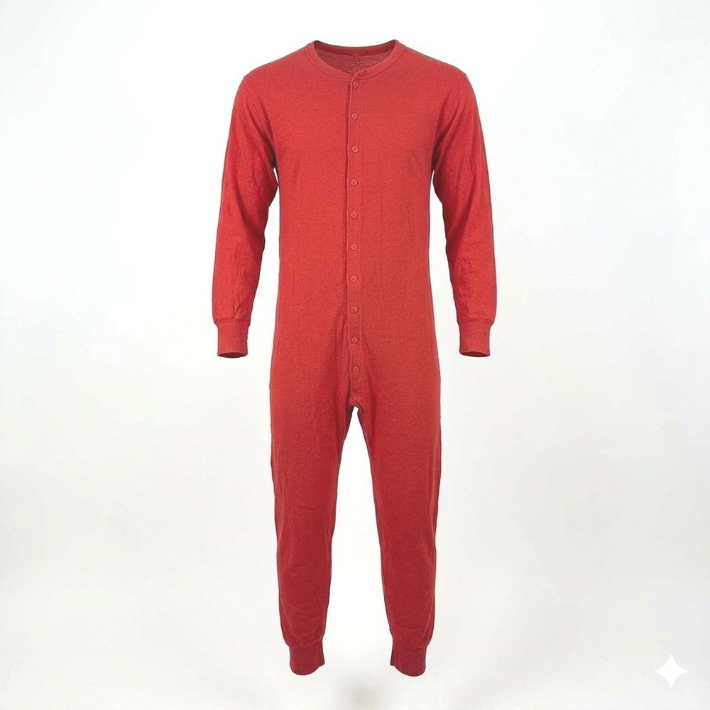 Mens Red Union Suit Long Sleeve Button Up Rear Flap Pajamas Base Layer Medium